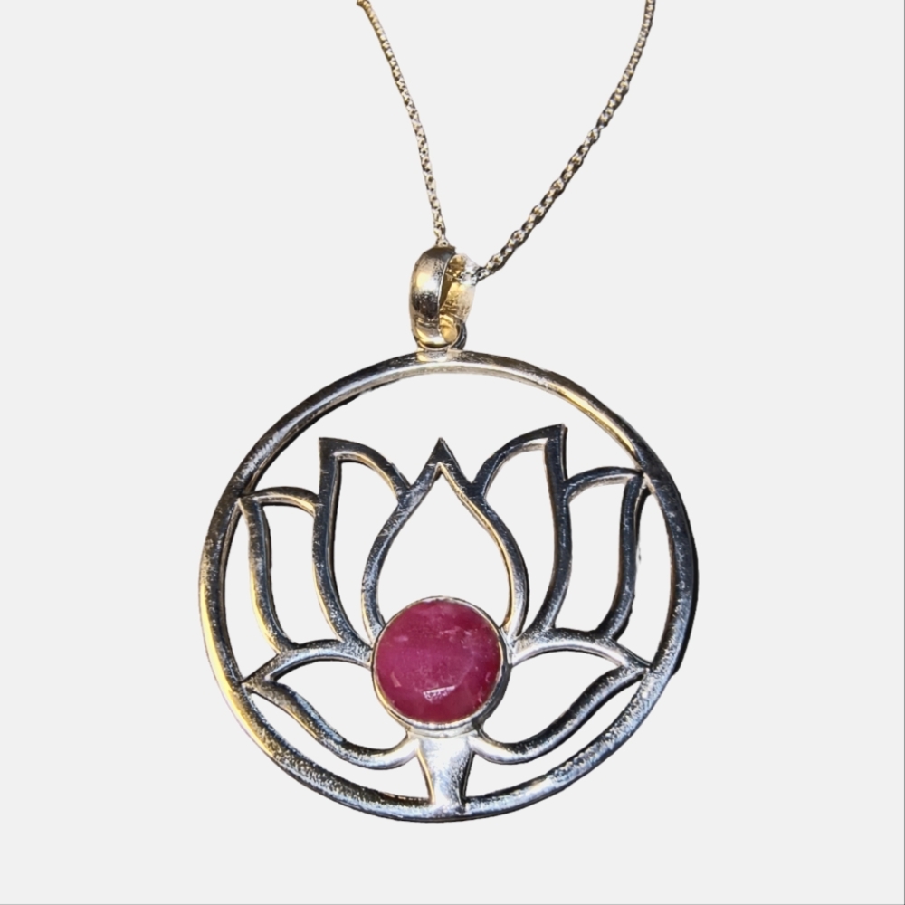 Ruby & Sterling Silver Lotus Pendant Necklace